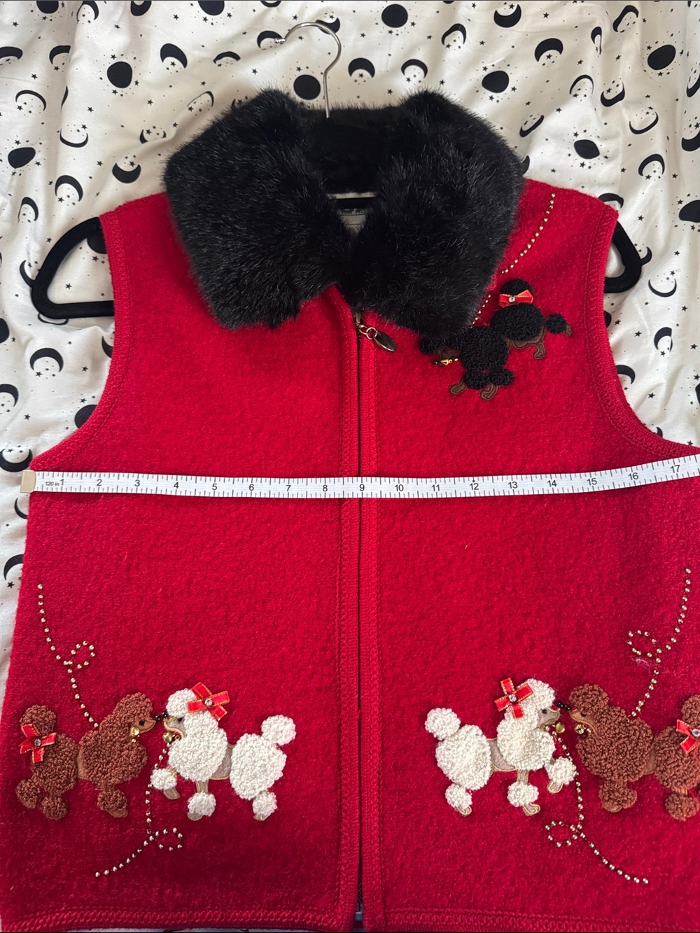 Red Vintage Wool Vest with Faux Fur Collar and Poodle Embroidery